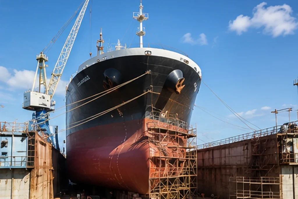 Commercial vessel undergoing dry docking and repair